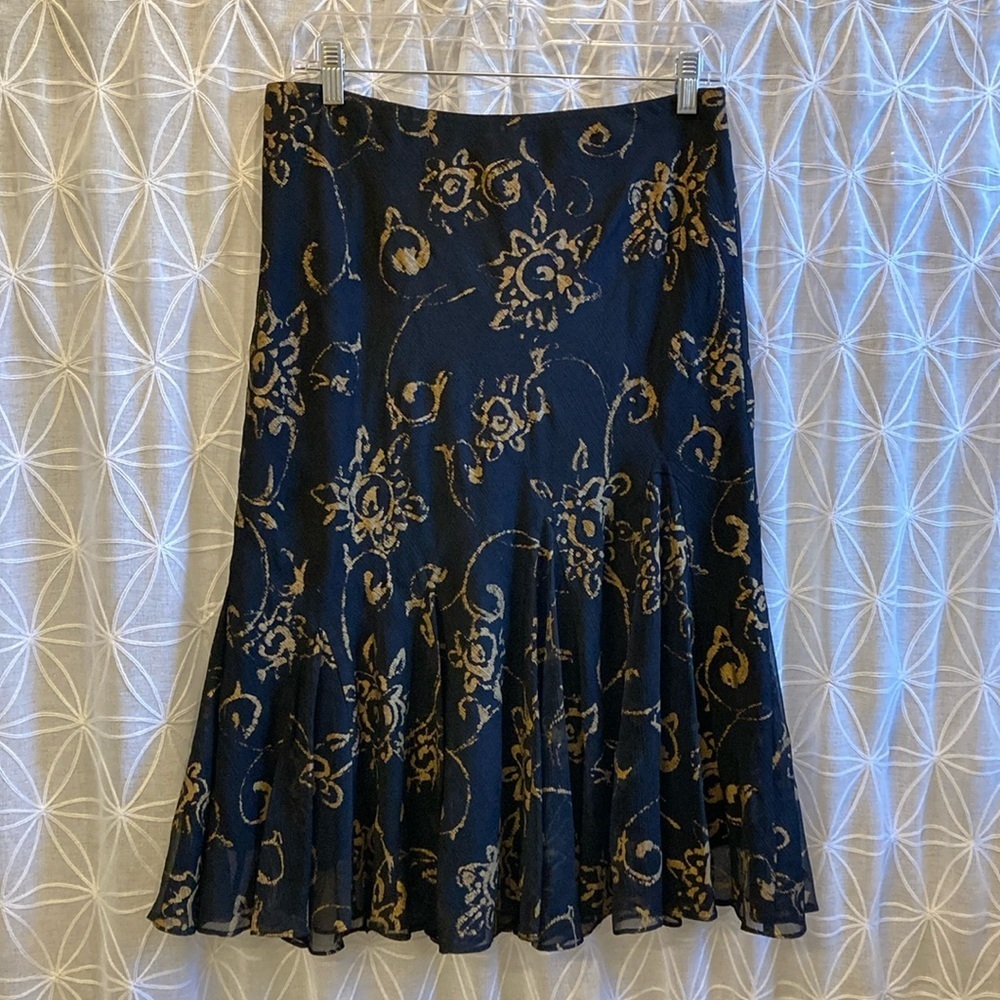 Ralph Lauren Black Floral A-Line Midi Skirt with Gold Pattern